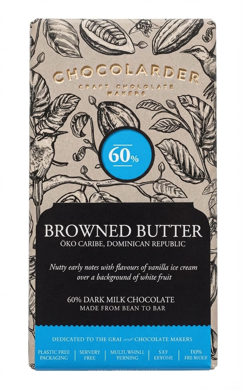 Browned Butter 60% milk bar packaging by Chocolarder