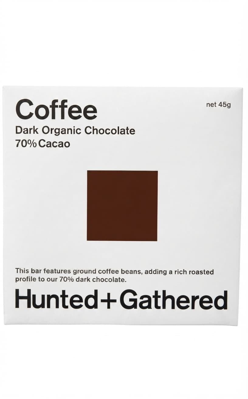 Coffee 70% 70% dark bar packaging by Hunted + Gathered