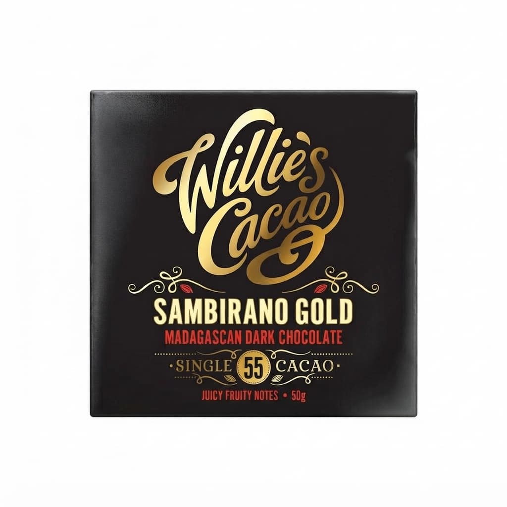 Sambirano Gold 55% 55% dark bar packaging by Willie's Cacao